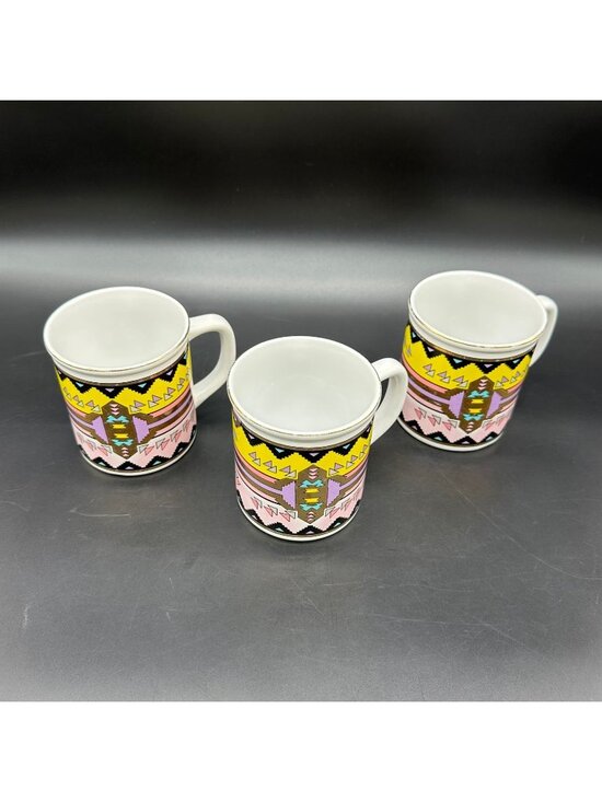 Other - Vintage Mugs southwest Aztec Ceramic Japan Pink Yellow Purple Gold Cups Set of 3